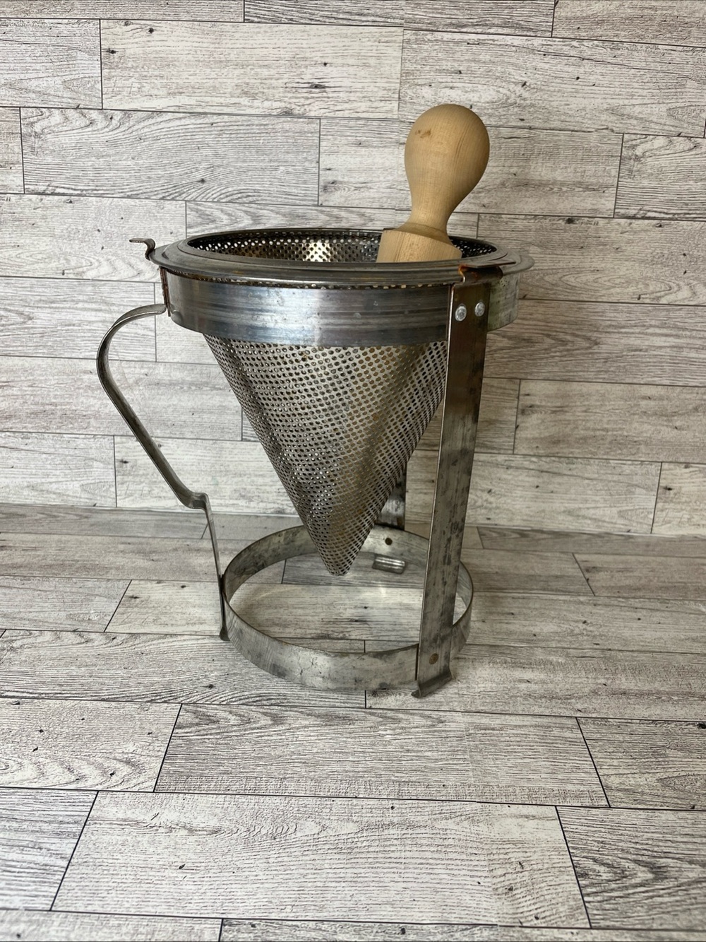 Vintage Metal Conical Food Strainer with Wooden Pestle - Silver